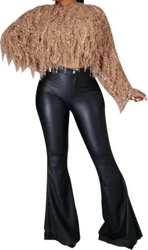Women's Faux Leather Bell Botom Flare Pants High Waist Stretchy Leggings Wide Leg Trousers