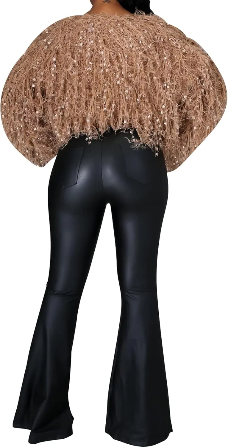 Women's Faux Leather Bell Botom Flare Pants High Waist Stretchy Leggings Wide Leg Trousers