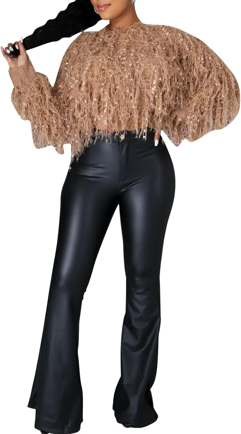 Women's Faux Leather Bell Botom Flare Pants High Waist Stretchy Leggings Wide Leg Trousers