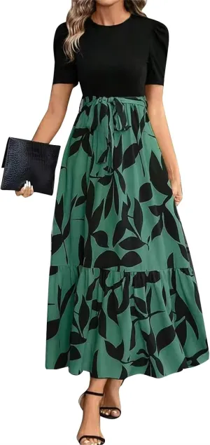 Womens Floral Printed Long Flowy Dresses with Pockets Ruffle Short Sleeve 2025 Dresses Summer Casual Maxi Dress