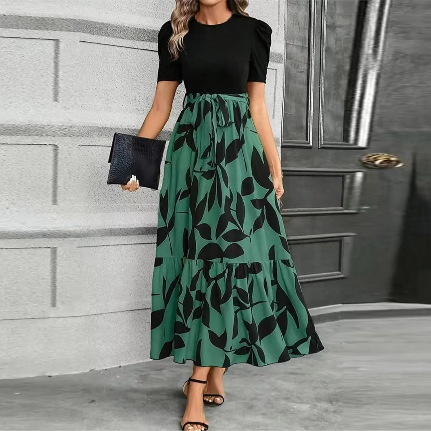 Womens Floral Printed Long Flowy Dresses with Pockets Ruffle Short Sleeve 2025 Dresses Summer Casual Maxi Dress