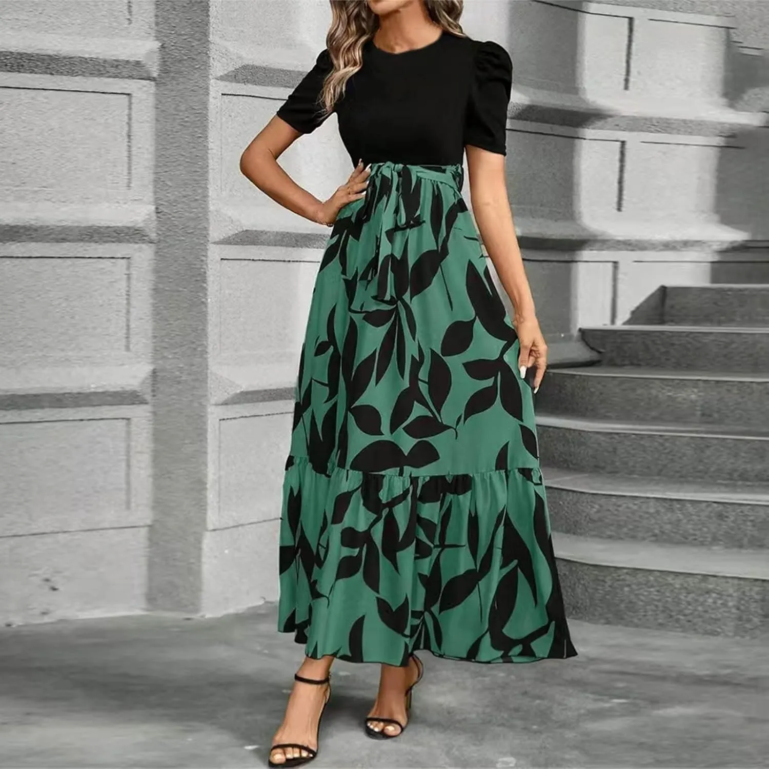 Womens Floral Printed Long Flowy Dresses with Pockets Ruffle Short Sleeve 2025 Dresses Summer Casual Maxi Dress