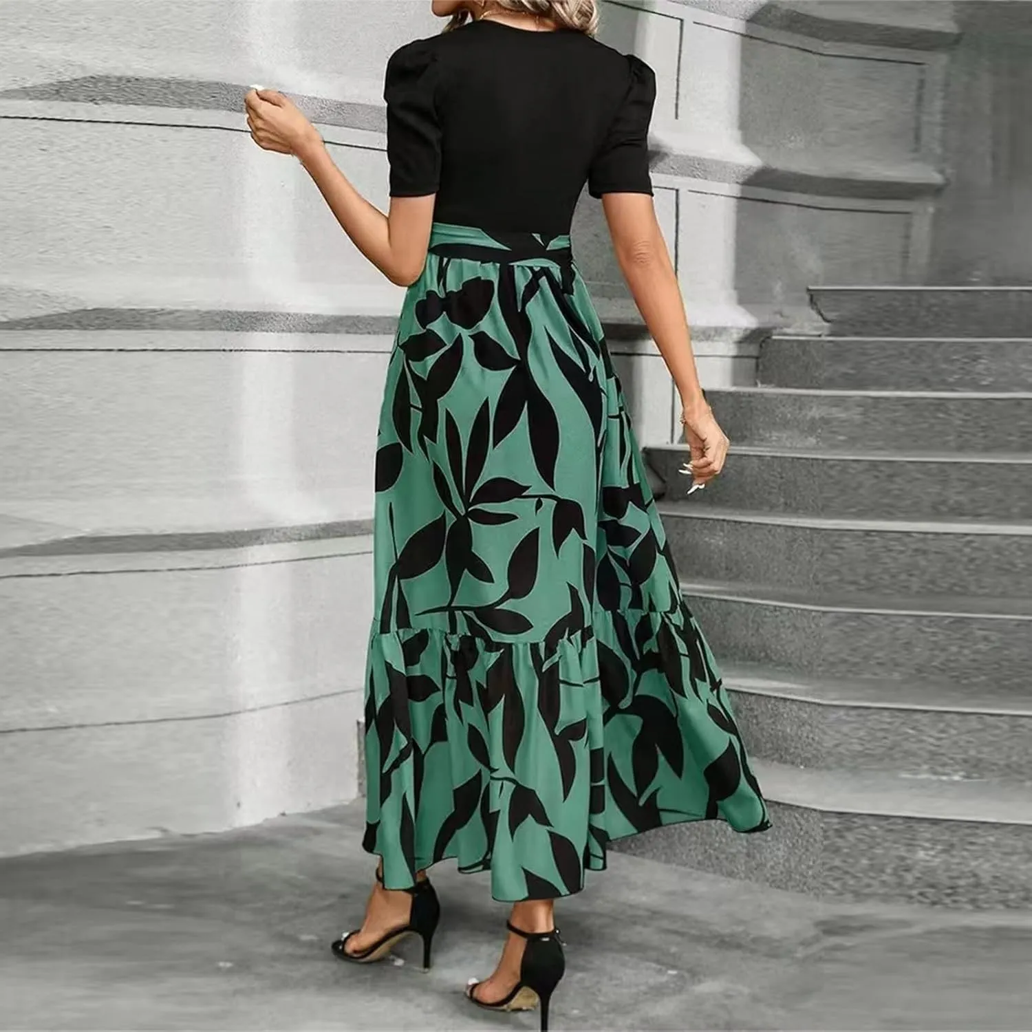 Womens Floral Printed Long Flowy Dresses with Pockets Ruffle Short Sleeve 2025 Dresses Summer Casual Maxi Dress