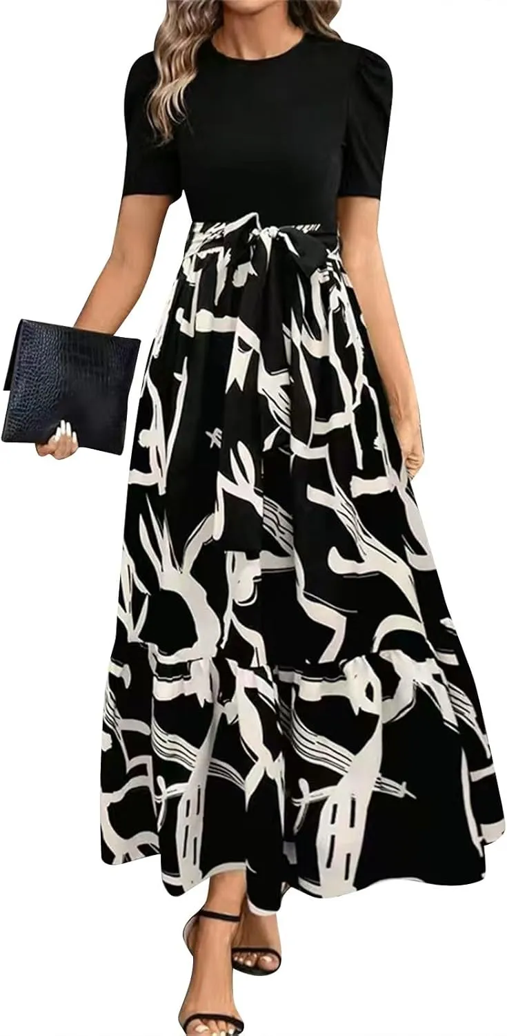 Women's Floral Printed Ruffle Short Sleeve Maxi Dress Casual Long Flowy Dresses 2025 Summer Dresses with Pockets