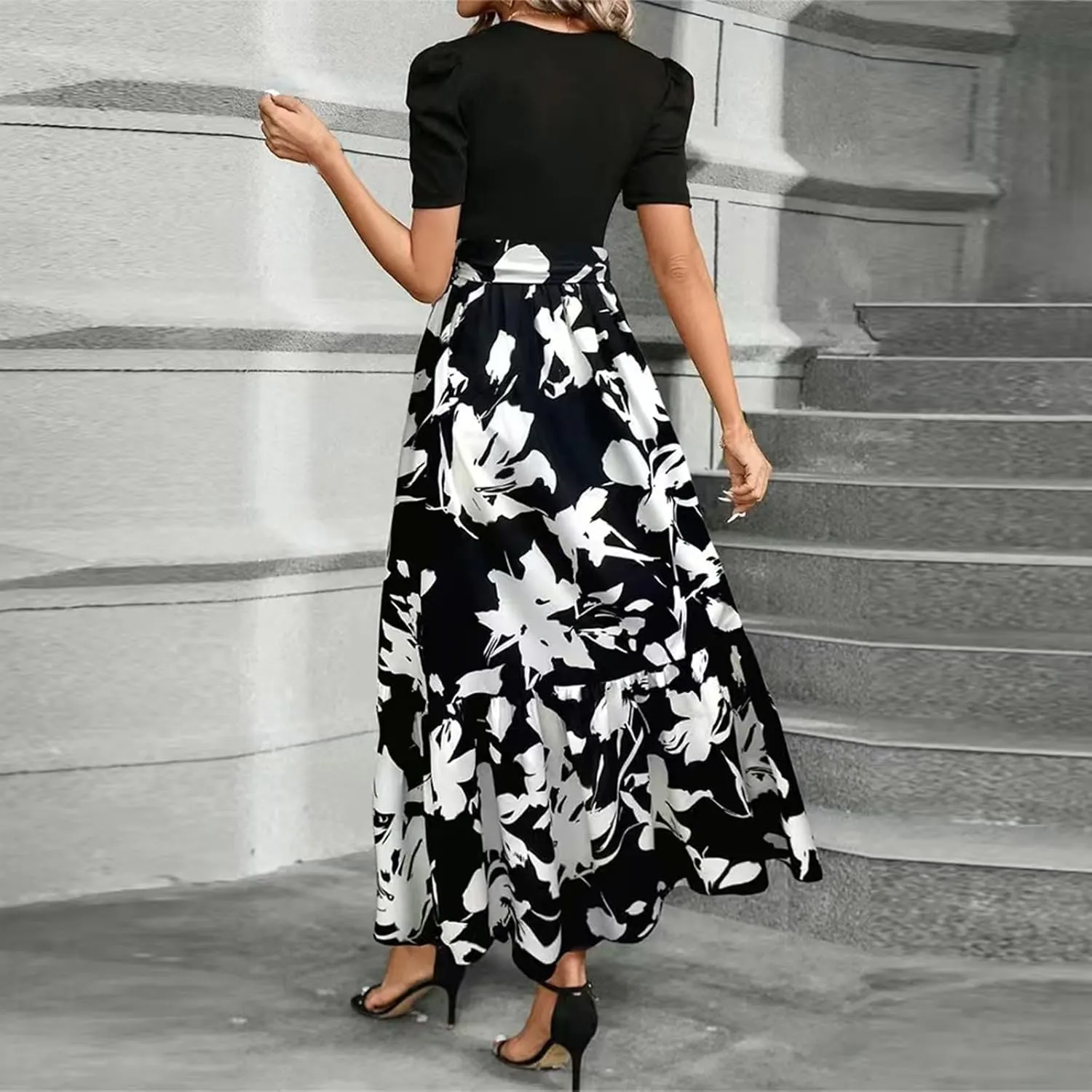 Women's Floral Printed Ruffle Short Sleeve Maxi Dress Casual Long Flowy Dresses 2025 Summer Dresses with Pockets
