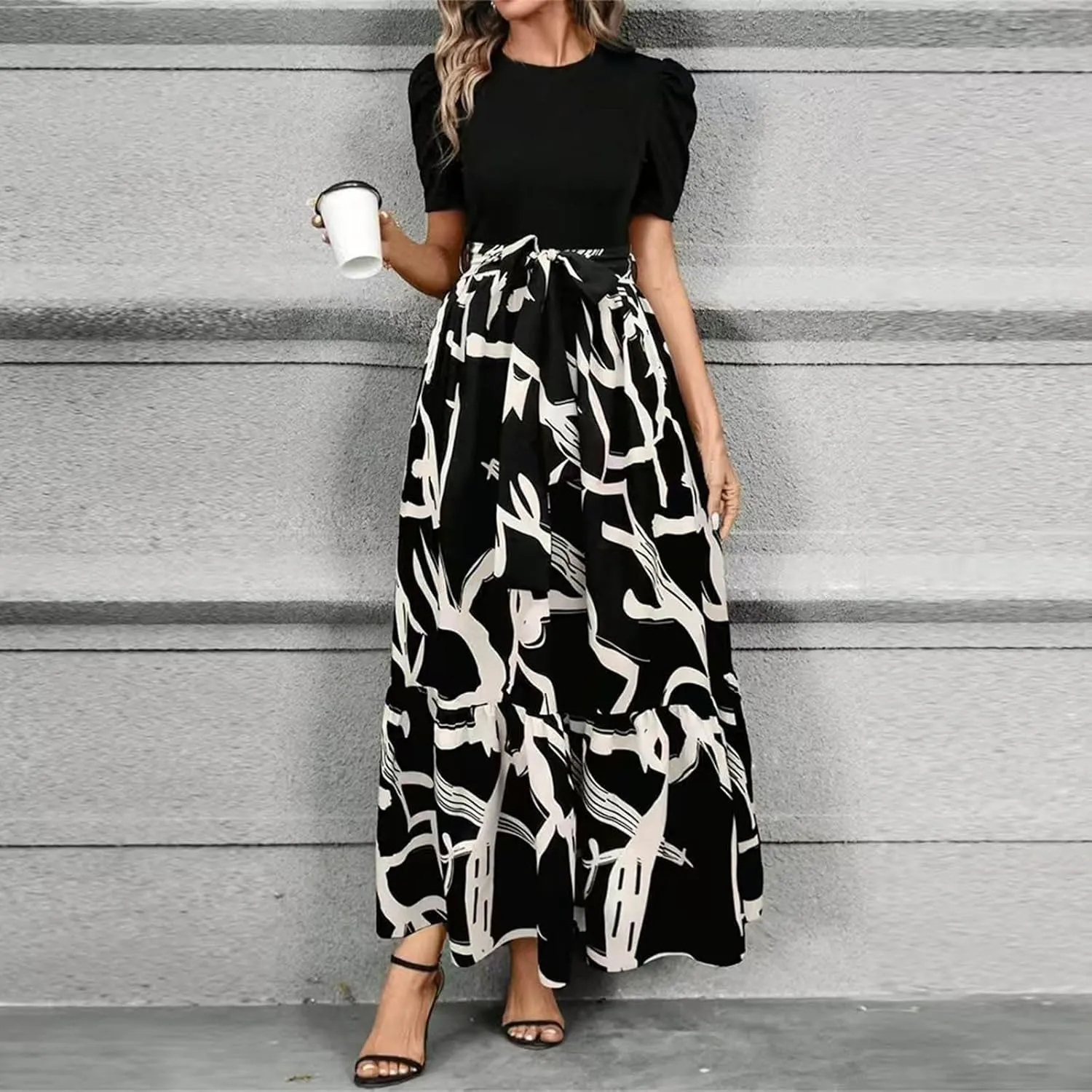 Women's Floral Printed Ruffle Short Sleeve Maxi Dress Casual Long Flowy Dresses 2025 Summer Dresses with Pockets