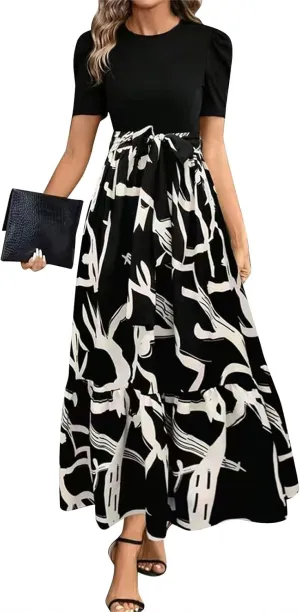 Women's Floral Printed Ruffle Short Sleeve Maxi Dress Casual Long Flowy Dresses 2025 Summer Dresses with Pockets