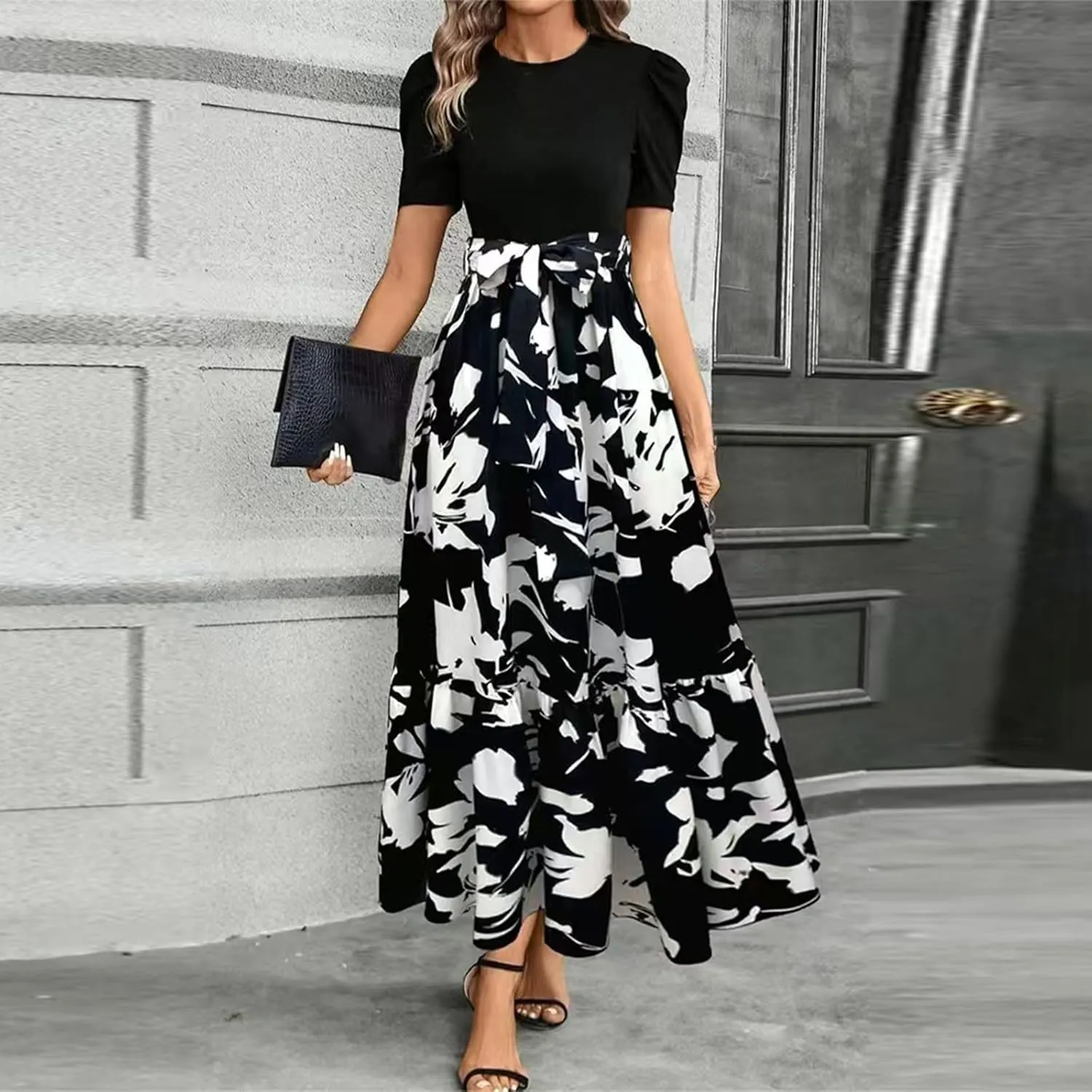 Women's Floral Printed Ruffle Short Sleeve Maxi Dress Casual Long Flowy Dresses 2025 Summer Dresses with Pockets