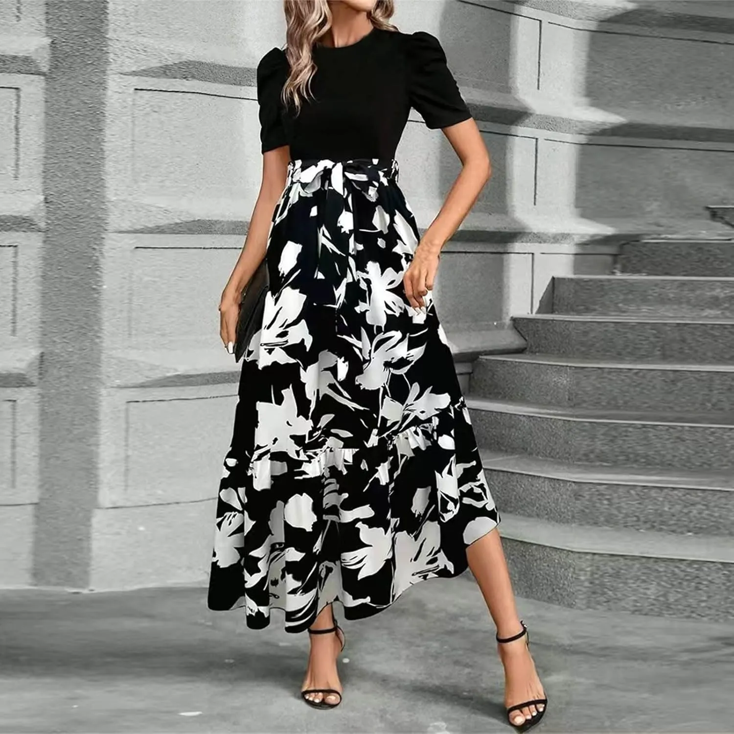 Women's Floral Printed Ruffle Short Sleeve Maxi Dress Casual Long Flowy Dresses 2025 Summer Dresses with Pockets