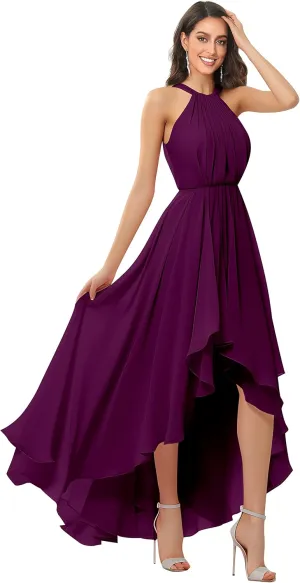 Women's Halter Chiffon Bridesmaid Dresses High Low for Wedding A-Line Pleated Formal Gown with Pockets