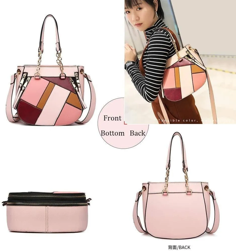 Women's Handbags Stitching Color Purses Ladies Leather Shoulder Bags Chain Top Handle Bags Multicolor Tote