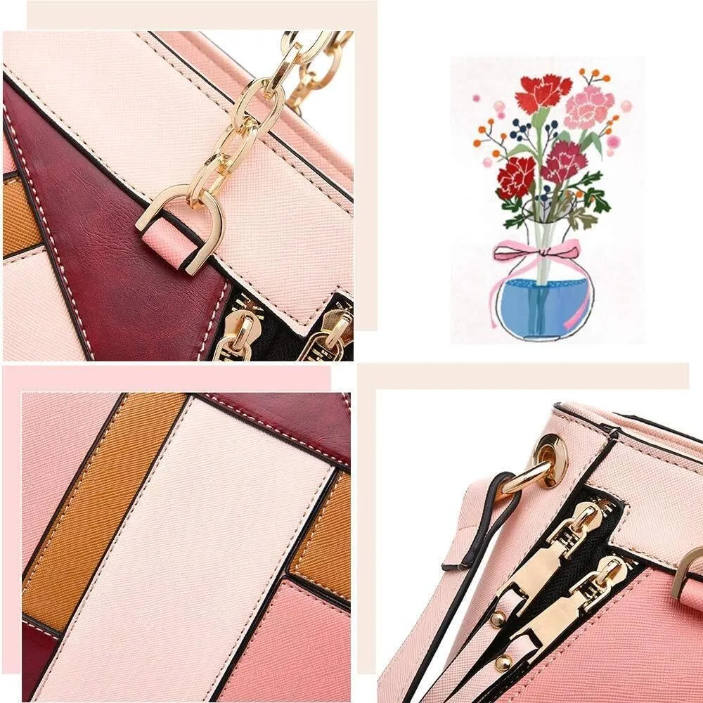 Women's Handbags Stitching Color Purses Ladies Leather Shoulder Bags Chain Top Handle Bags Multicolor Tote
