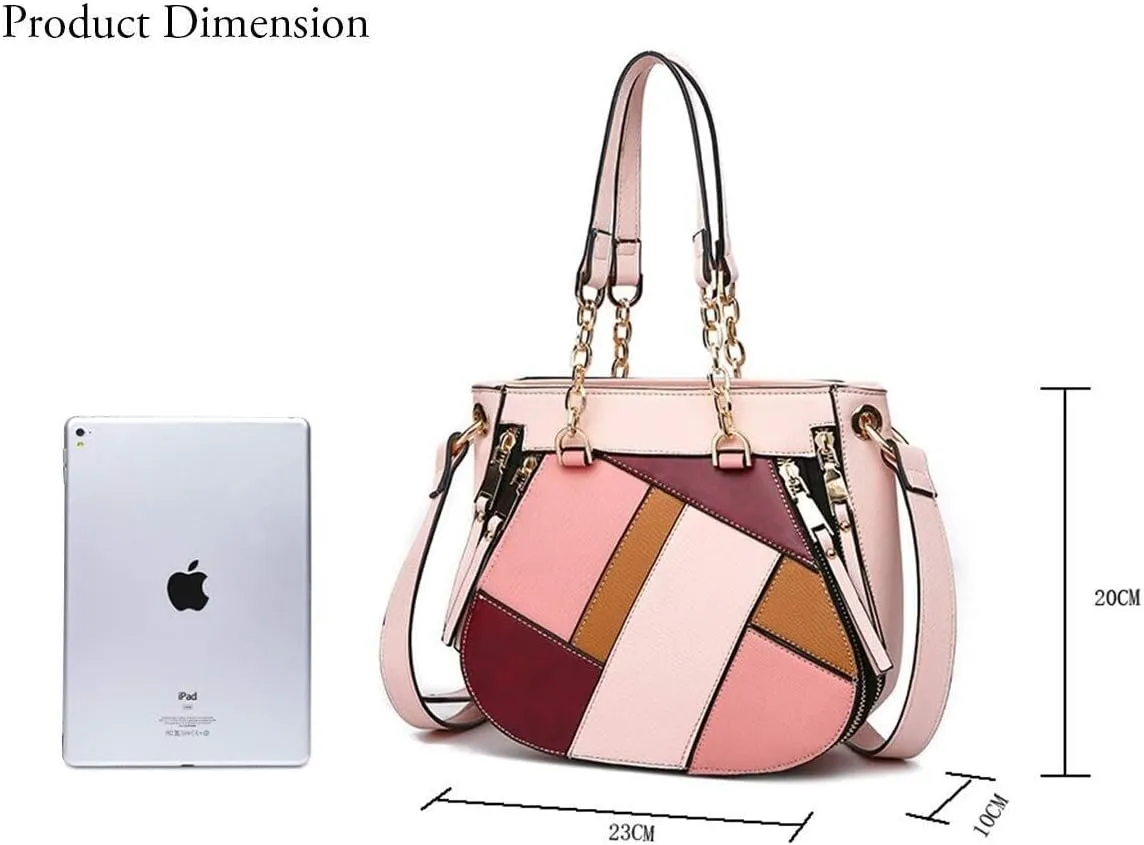 Women's Handbags Stitching Color Purses Ladies Leather Shoulder Bags Chain Top Handle Bags Multicolor Tote