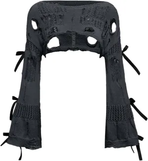 Women's Hollow Out Ripped Bow Sweater Bell Long Sleeve Cropped Crochet Shrug