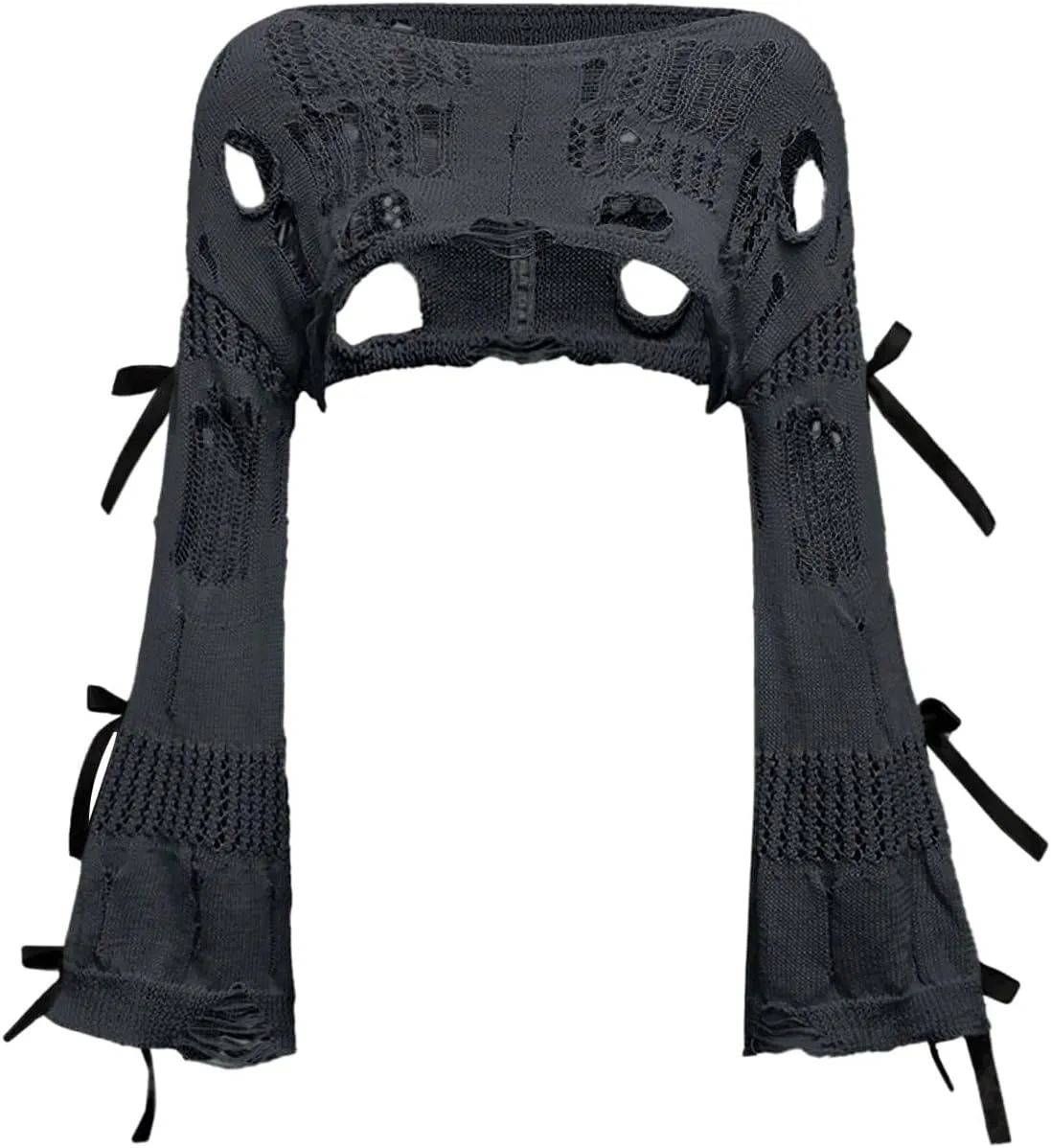 Women's Hollow Out Ripped Bow Sweater Bell Long Sleeve Cropped Crochet Shrug