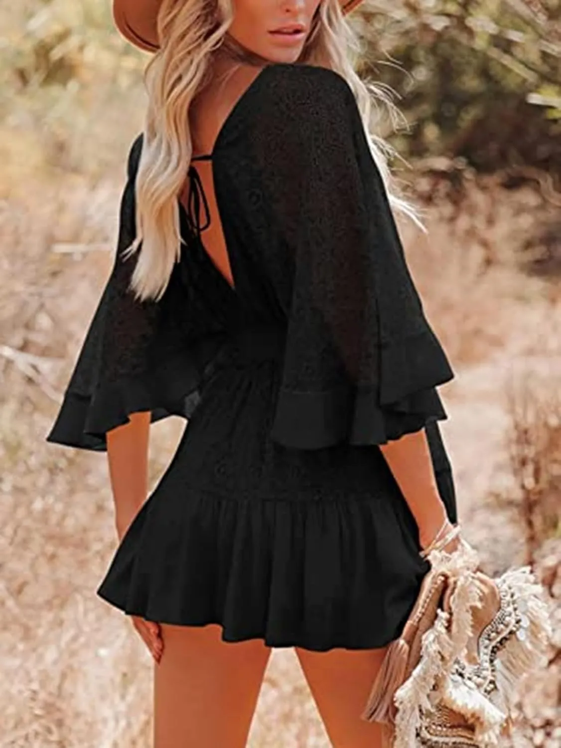 Women's Lace Crochet Mini Dress Sexy V Neck Ruffle Sleeve Flowy Dresses Floral Textured Tiered Cute Sundress