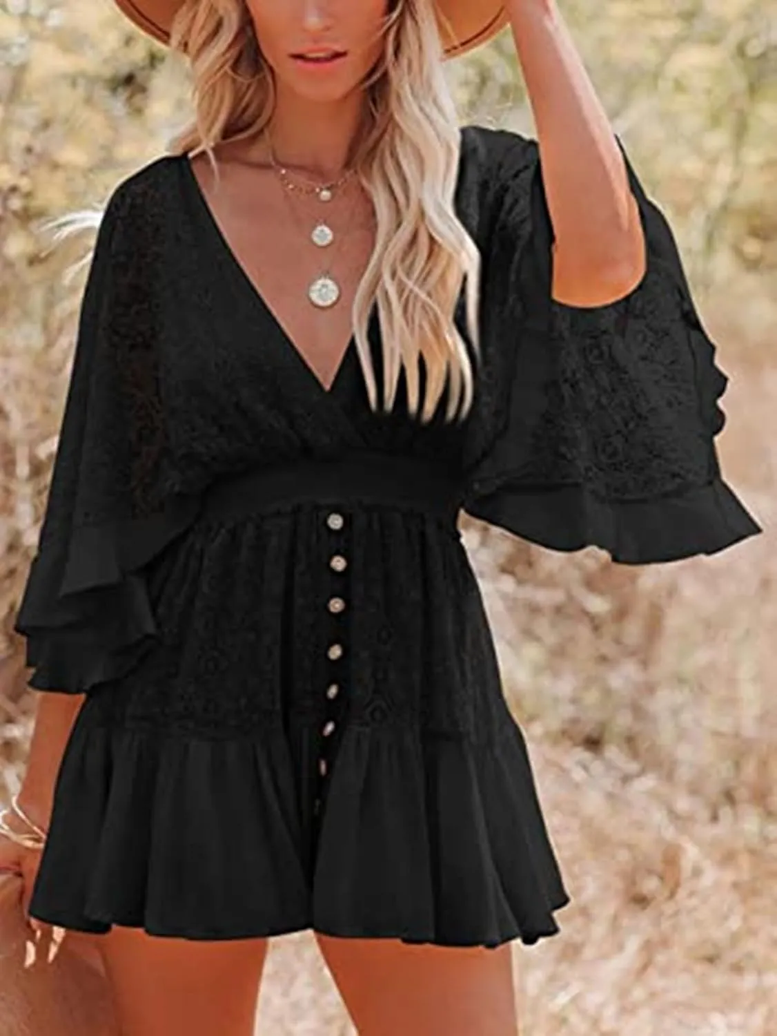 Women's Lace Crochet Mini Dress Sexy V Neck Ruffle Sleeve Flowy Dresses Floral Textured Tiered Cute Sundress