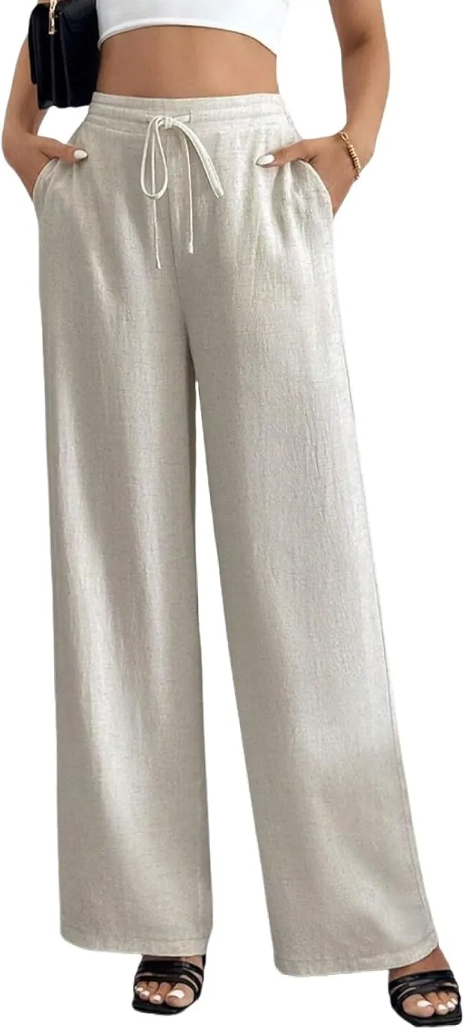 Women's Linen Pants for Summer Loose Beach Palazzo Pants with Pockets