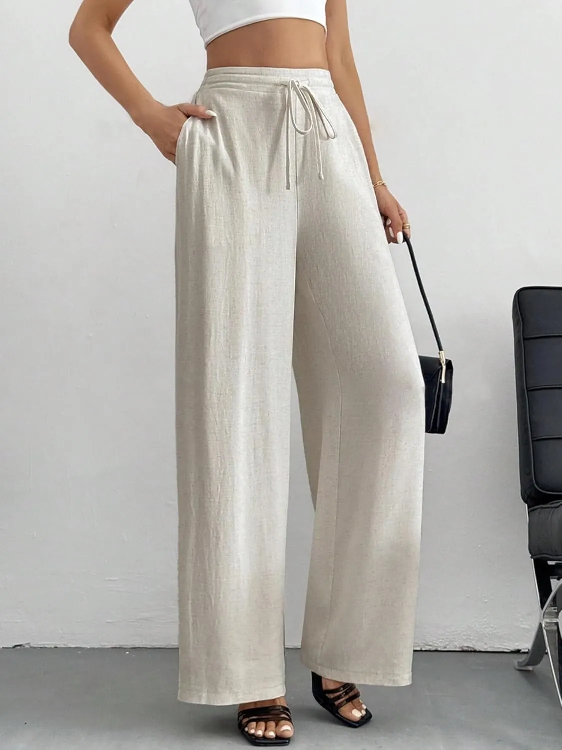 Women's Linen Pants for Summer Loose Beach Palazzo Pants with Pockets