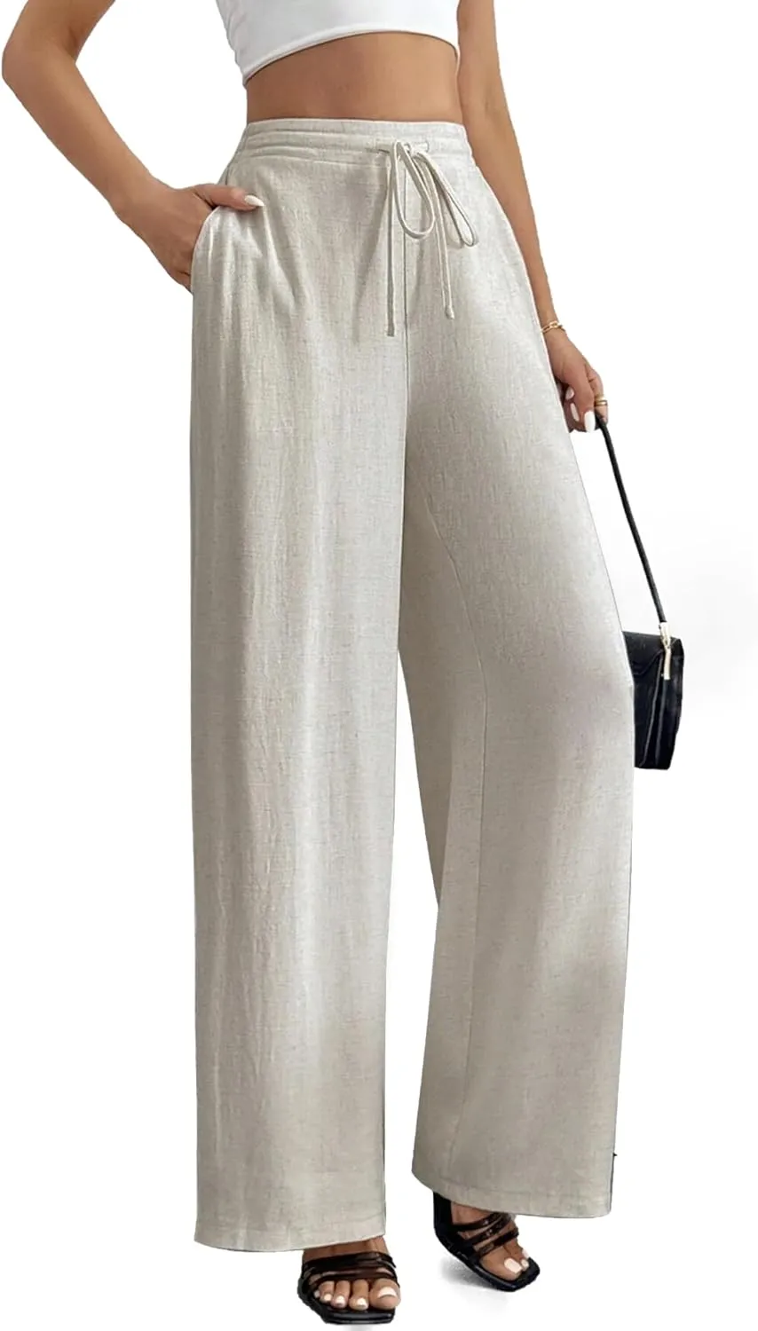 Women's Linen Pants for Summer Loose Beach Palazzo Pants with Pockets