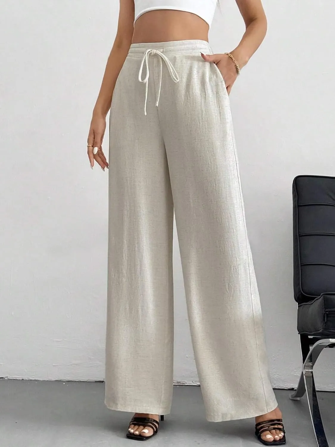Women's Linen Pants for Summer Loose Beach Palazzo Pants with Pockets