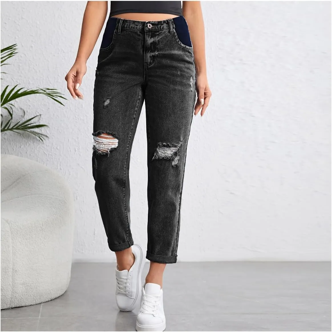 Women's Maternity Casual High Waist Zipper Ripped Jeans Pants Trousers Mom Fit Denim Pants