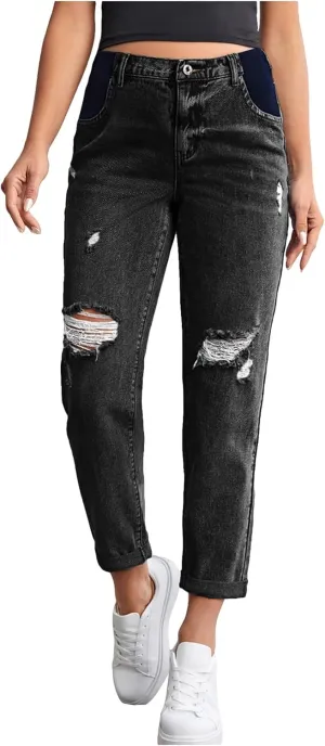 Women's Maternity Casual High Waist Zipper Ripped Jeans Pants Trousers Mom Fit Denim Pants
