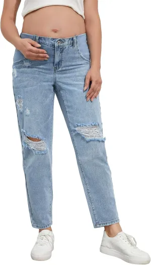 Women's Maternity Casual High Waist Zipper Ripped Jeans Pants Trousers Mom Fit Denim Pants