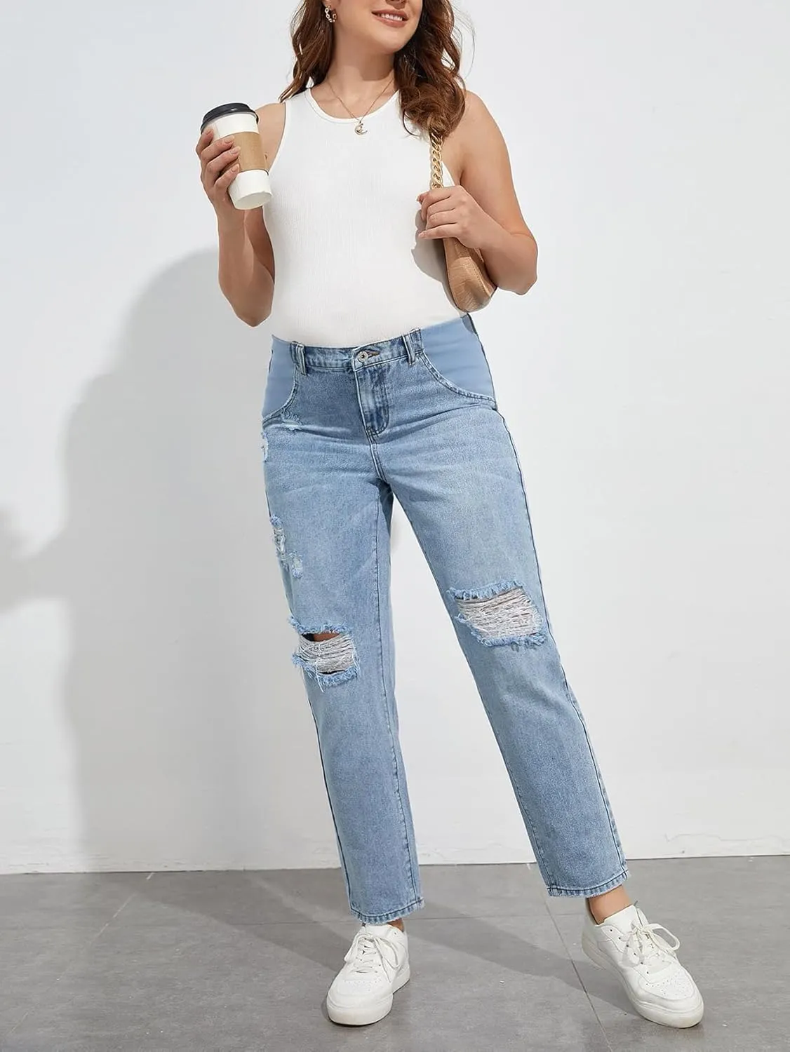 Women's Maternity Casual High Waist Zipper Ripped Jeans Pants Trousers Mom Fit Denim Pants