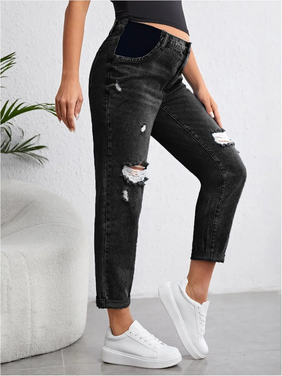 Women's Maternity Casual High Waist Zipper Ripped Jeans Pants Trousers Mom Fit Denim Pants