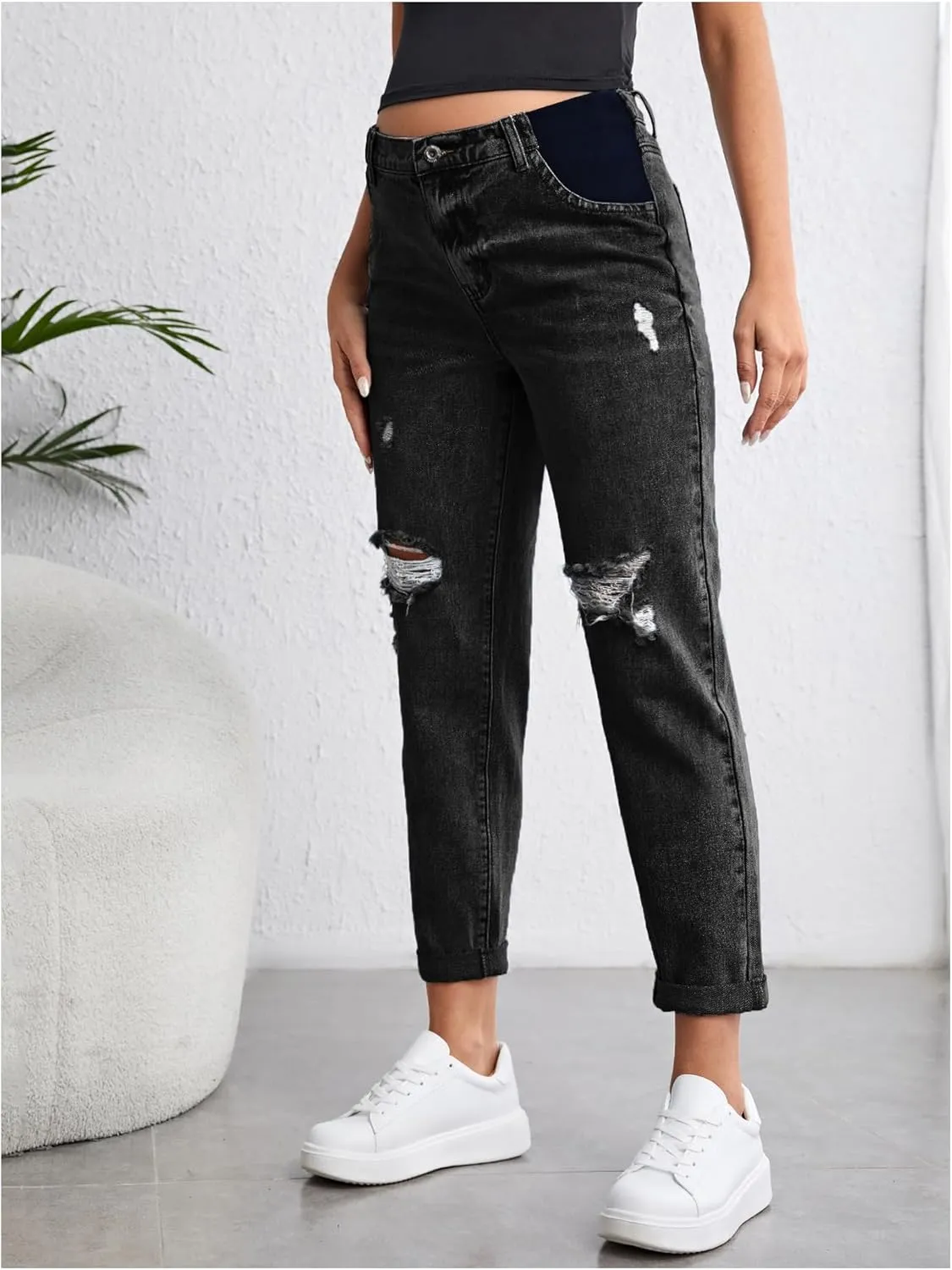 Women's Maternity Casual High Waist Zipper Ripped Jeans Pants Trousers Mom Fit Denim Pants