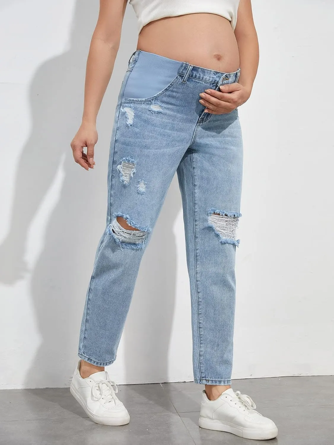 Women's Maternity Casual High Waist Zipper Ripped Jeans Pants Trousers Mom Fit Denim Pants
