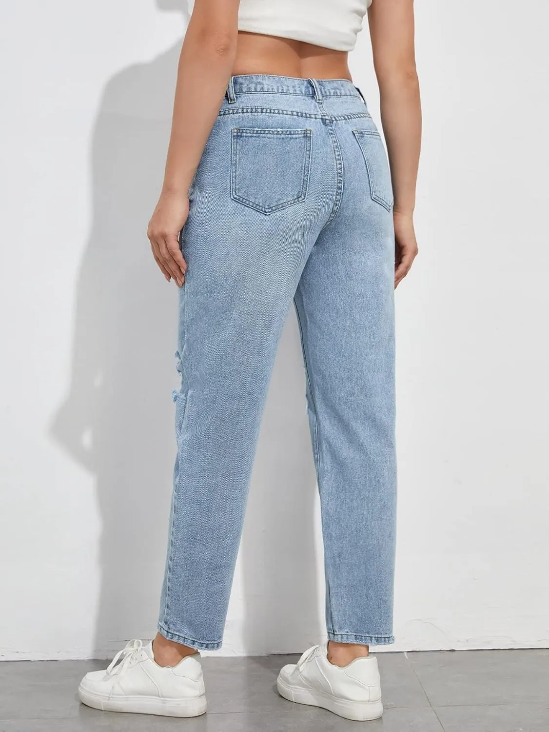 Women's Maternity Casual High Waist Zipper Ripped Jeans Pants Trousers Mom Fit Denim Pants