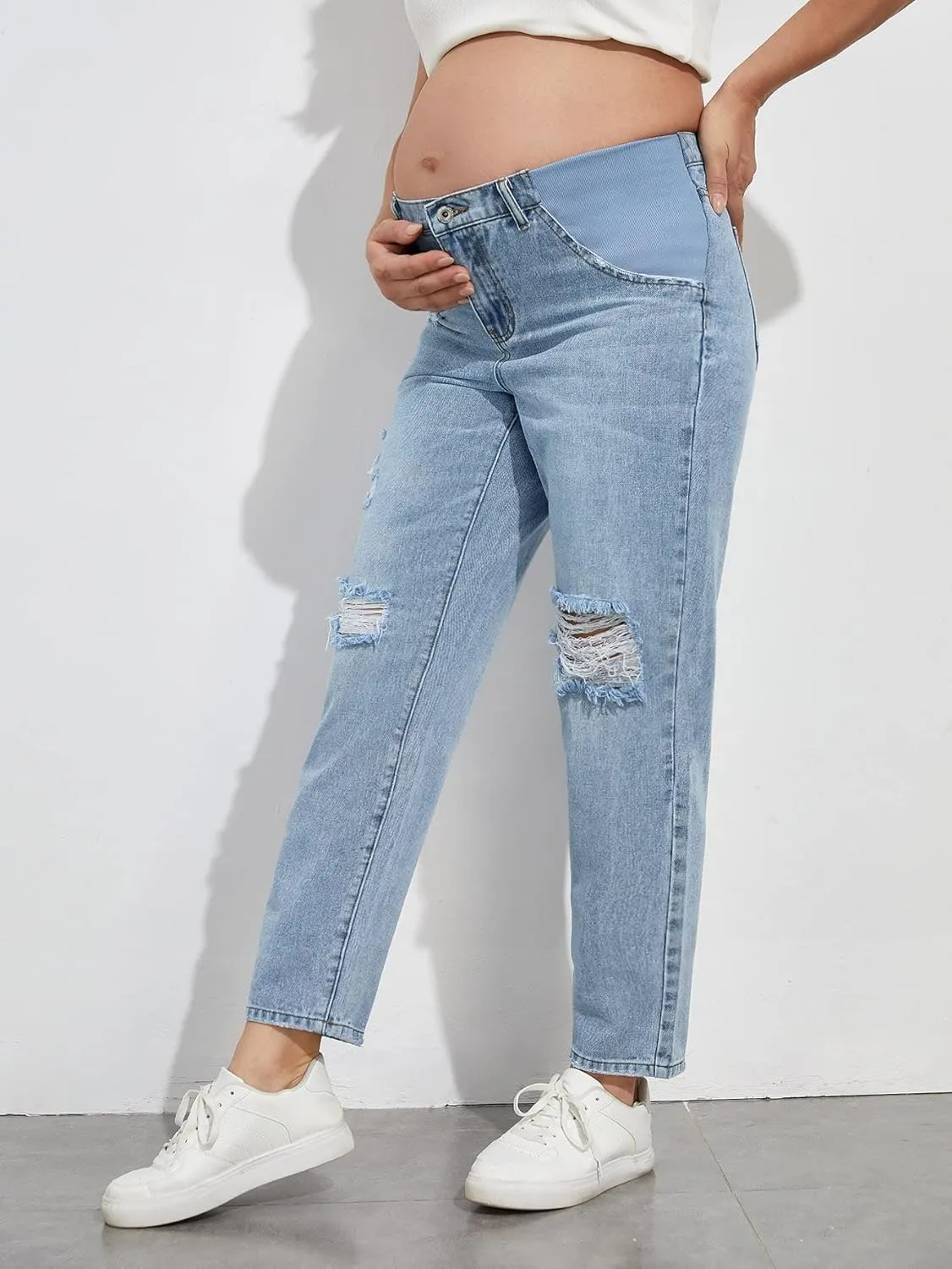 Women's Maternity Casual High Waist Zipper Ripped Jeans Pants Trousers Mom Fit Denim Pants