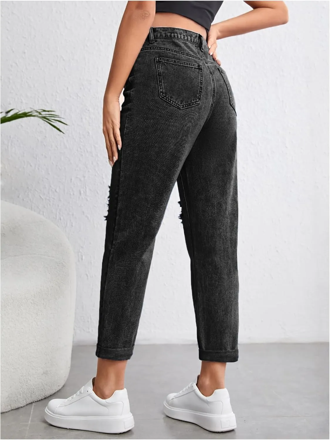 Women's Maternity Casual High Waist Zipper Ripped Jeans Pants Trousers Mom Fit Denim Pants