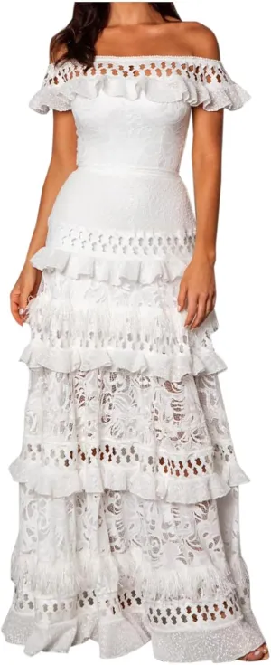 Women's Off Shoulder Ruffle Lace Maxi Dress Tiered A-Line Elegant Wedding Party Dresses for Women
