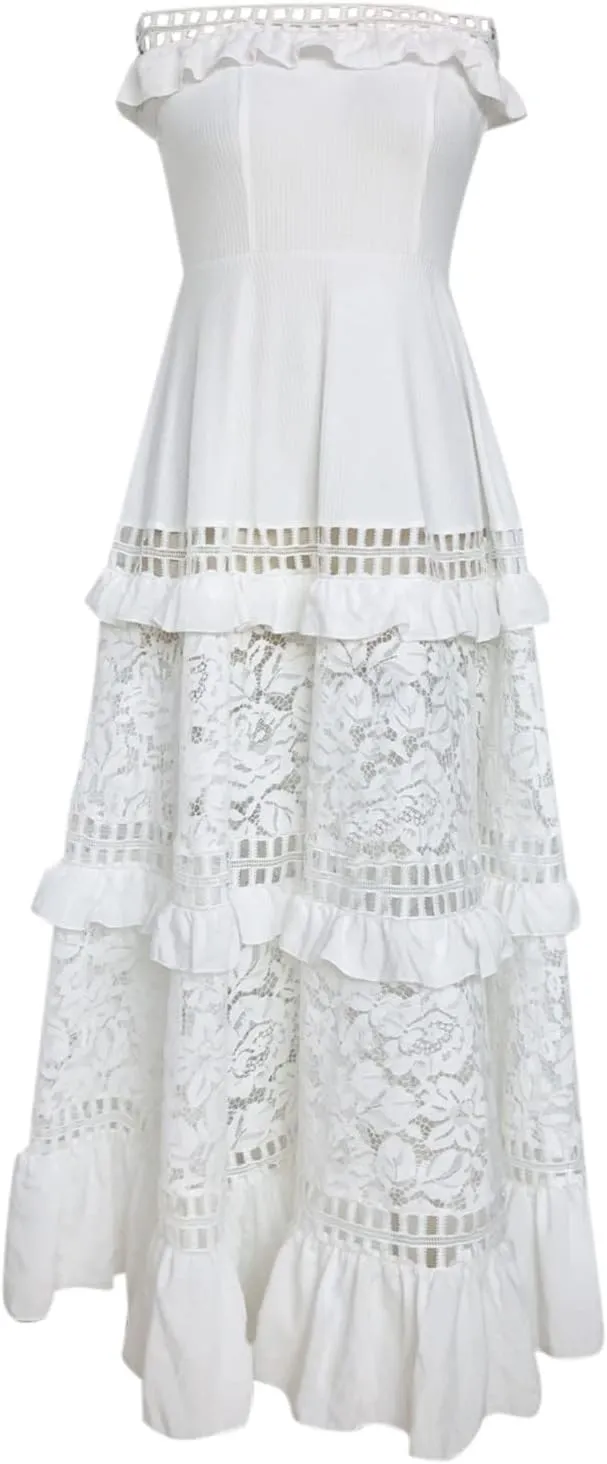 Women's Off Shoulder Ruffle Lace Maxi Dress Tiered A-Line Elegant Wedding Party Dresses for Women