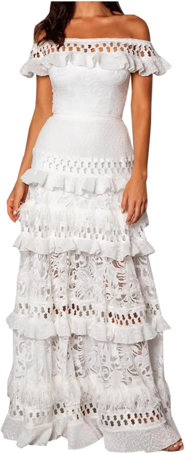 Women's Off Shoulder Ruffle Lace Maxi Dress Tiered A-Line Elegant Wedding Party Dresses for Women