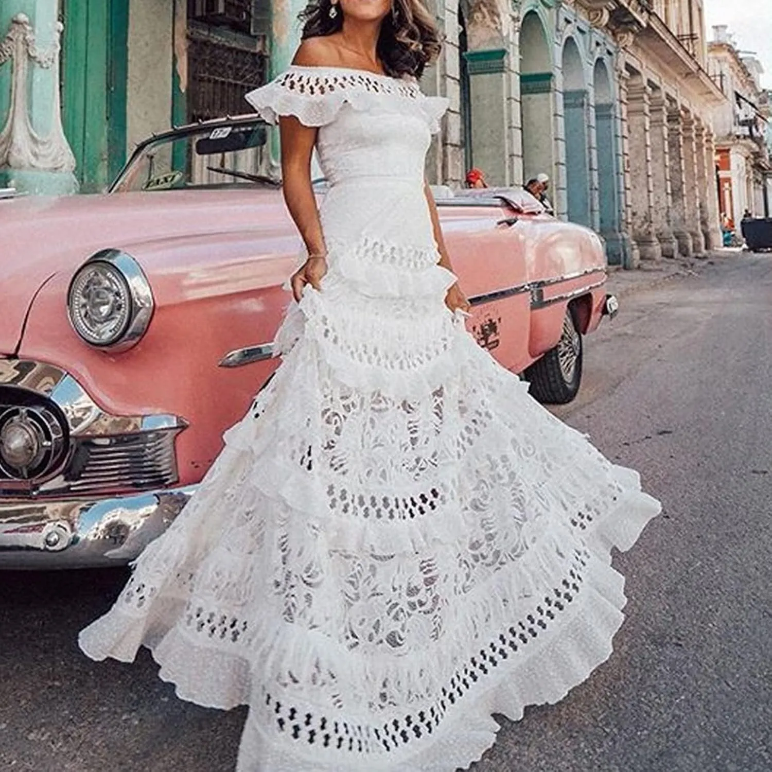 Women's Off Shoulder Ruffle Lace Maxi Dress Tiered A-Line Elegant Wedding Party Dresses for Women