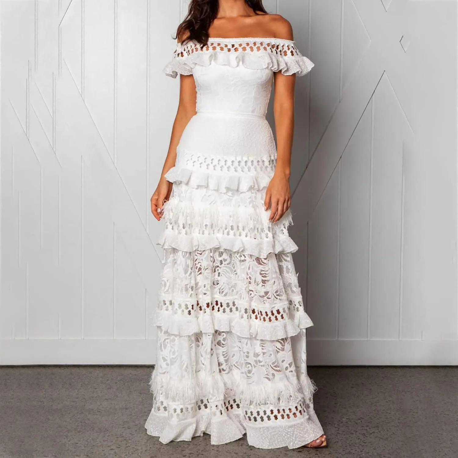Women's Off Shoulder Ruffle Lace Maxi Dress Tiered A-Line Elegant Wedding Party Dresses for Women