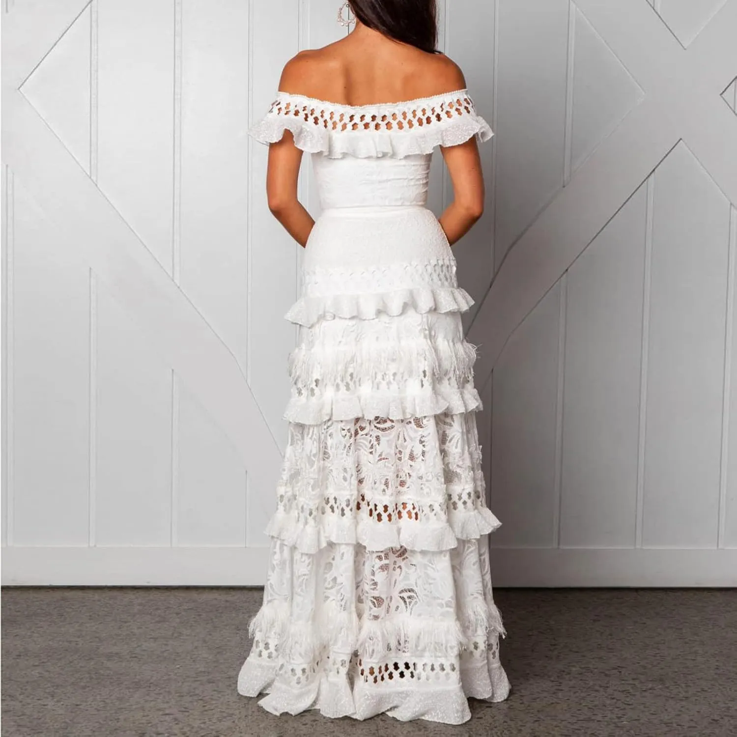 Women's Off Shoulder Ruffle Lace Maxi Dress Tiered A-Line Elegant Wedding Party Dresses for Women