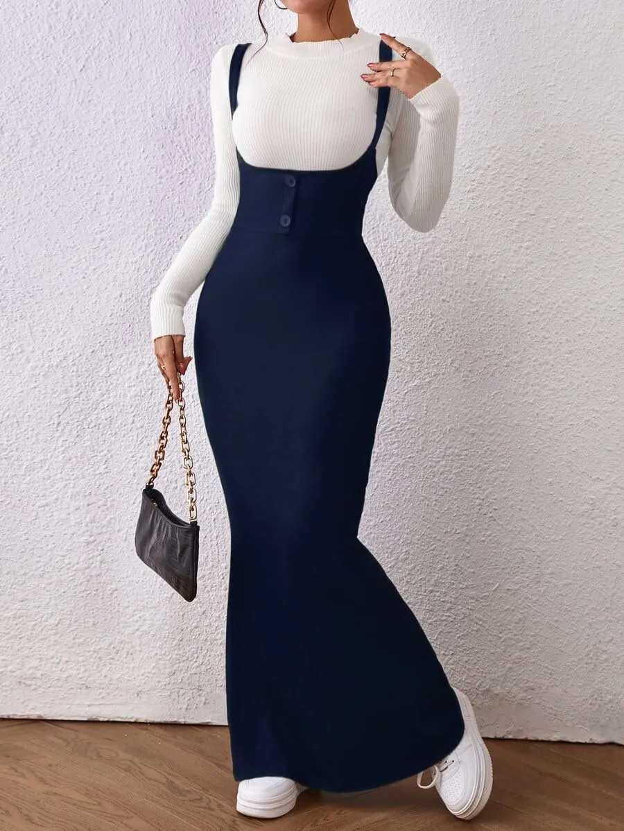 Women's Overall Dress Maxi Suspender Skirt Bodycon Ribbed Dress Adjustable Strap Without Shirt