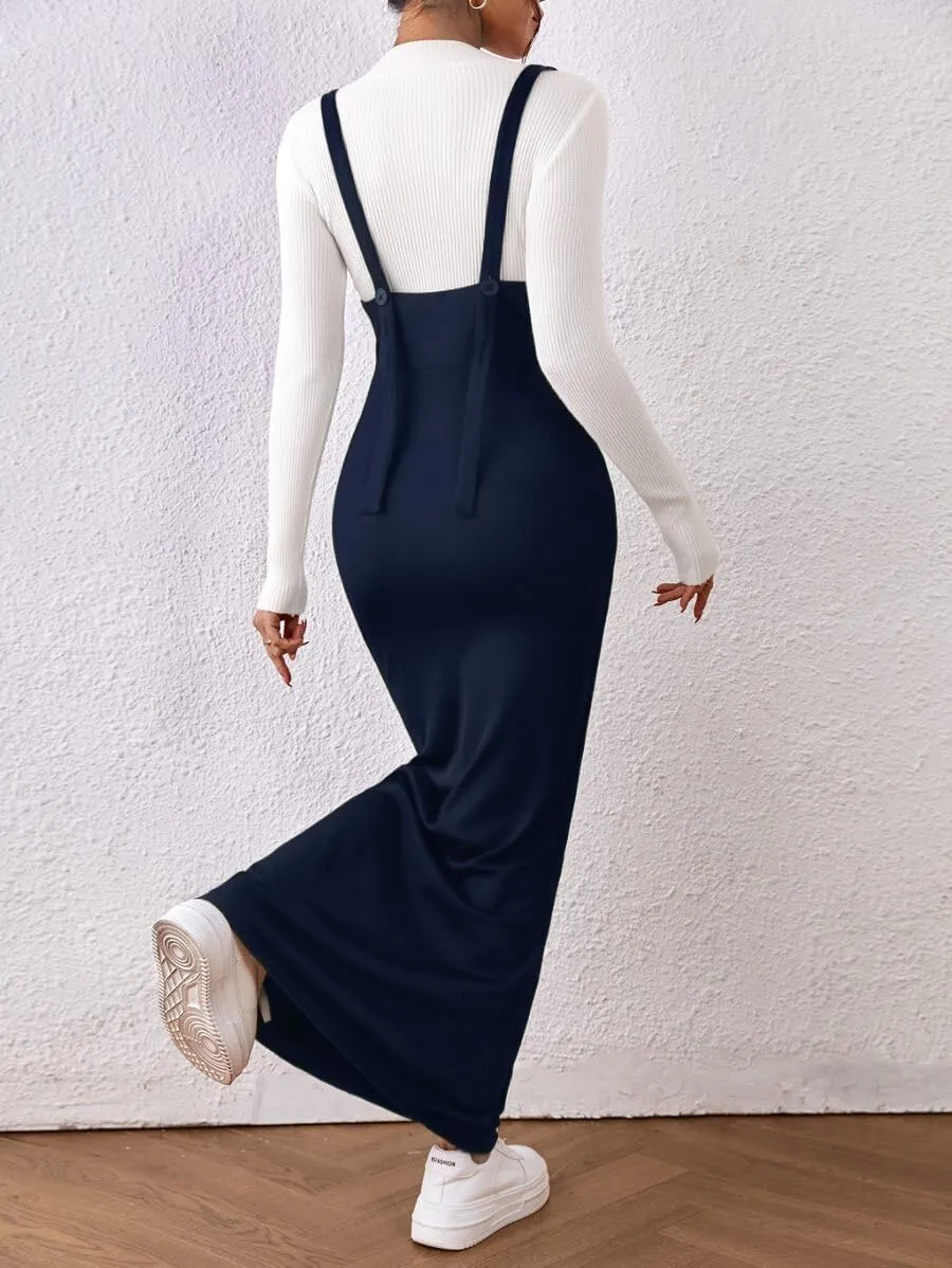 Women's Overall Dress Maxi Suspender Skirt Bodycon Ribbed Dress Adjustable Strap Without Shirt