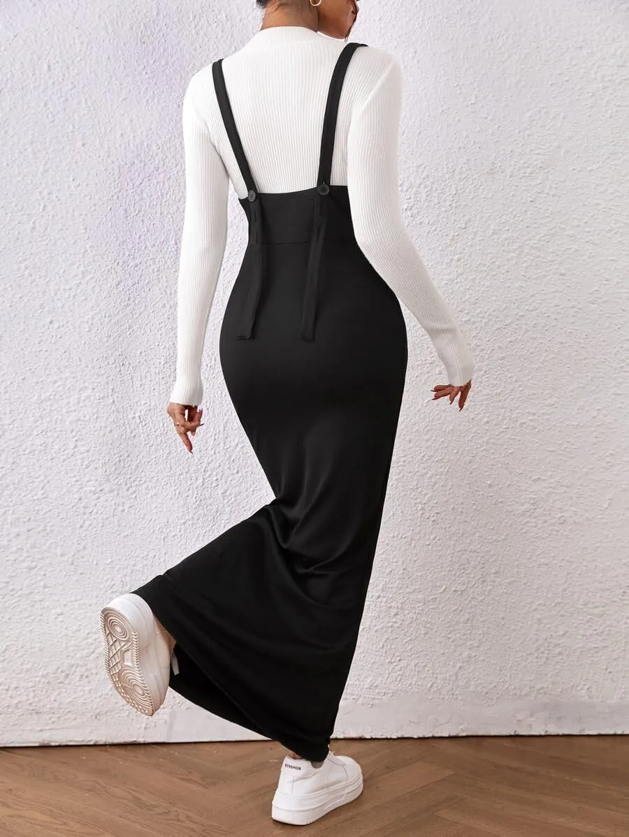 Women's Overall Dress Maxi Suspender Skirt Bodycon Ribbed Dress Adjustable Strap Without Shirt