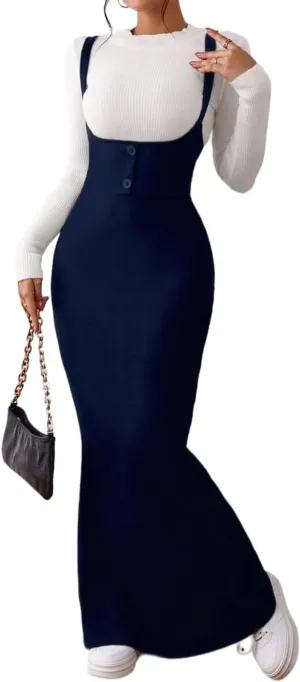 Women's Overall Dress Maxi Suspender Skirt Bodycon Ribbed Dress Adjustable Strap Without Shirt