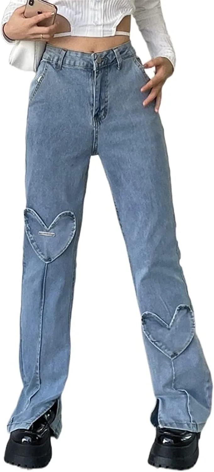 Women's Pants Autumn New Love Design High Waist Jeans Street Hot Girl Slim Slit Wide Leg Pants Casual Trousers