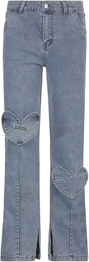 Women's Pants Autumn New Love Design High Waist Jeans Street Hot Girl Slim Slit Wide Leg Pants Casual Trousers