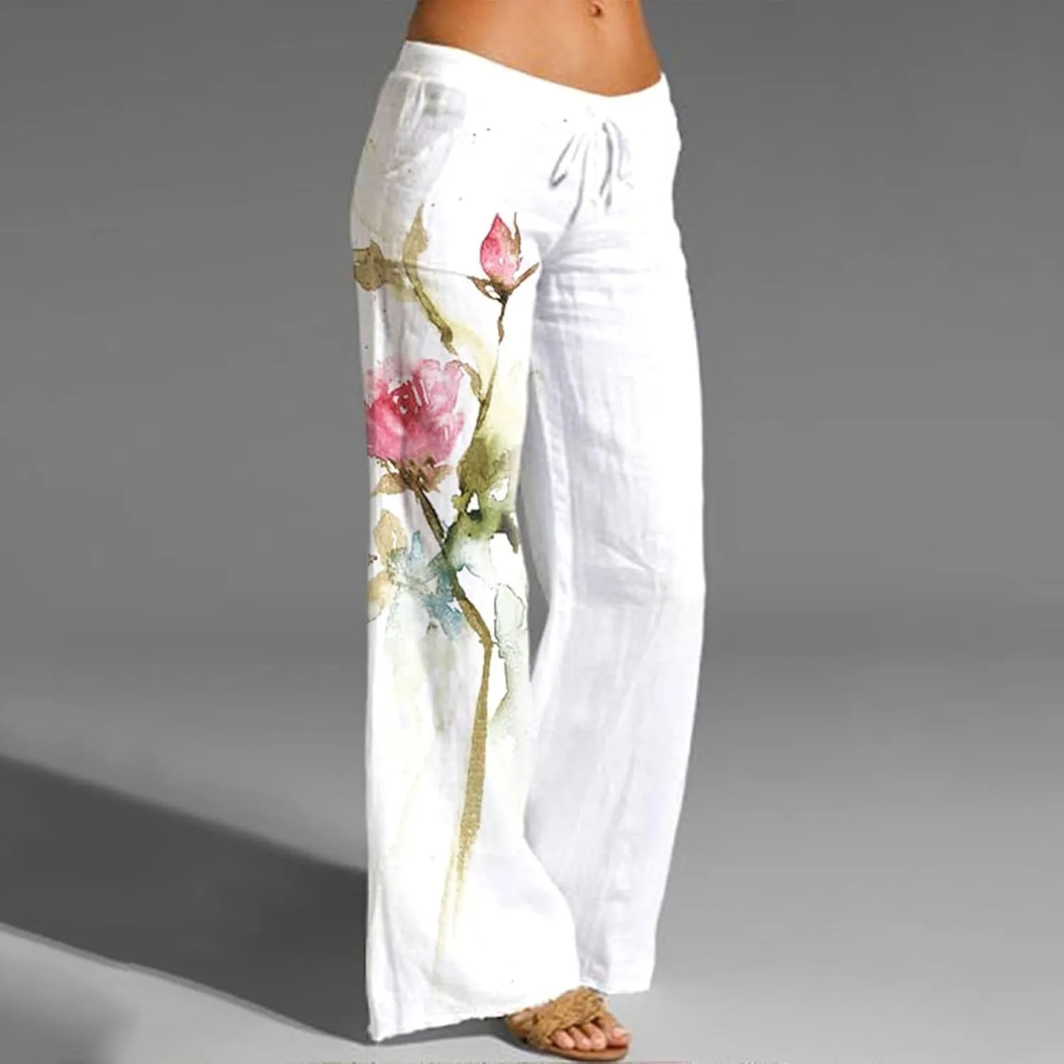 Women's Print Wide Leg Pants Elastic High Waist Palazzo Pants Linen Lounge Casual Trousers Summer Boho Beach
