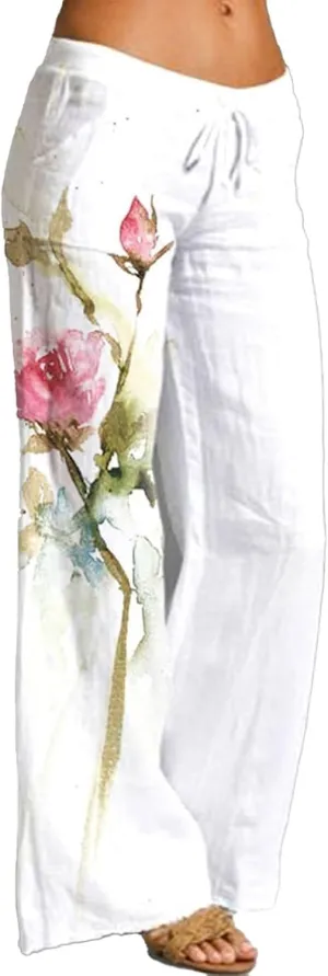 Women's Print Wide Leg Pants Elastic High Waist Palazzo Pants Linen Lounge Casual Trousers Summer Boho Beach