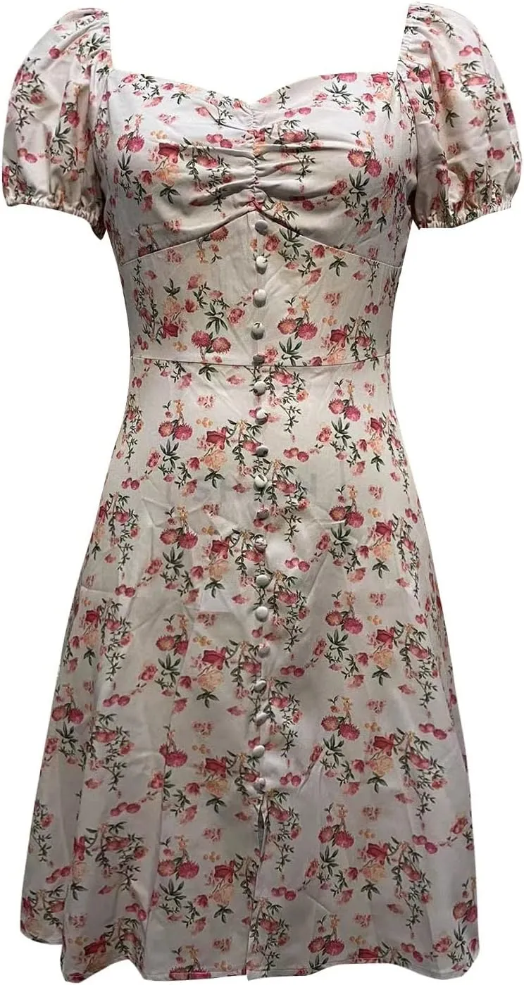 Women's Puff Sleeve Square Neck Babydoll Dress Boho Floral Print Off Shoulder Ruffle Slit Mini Short Dress